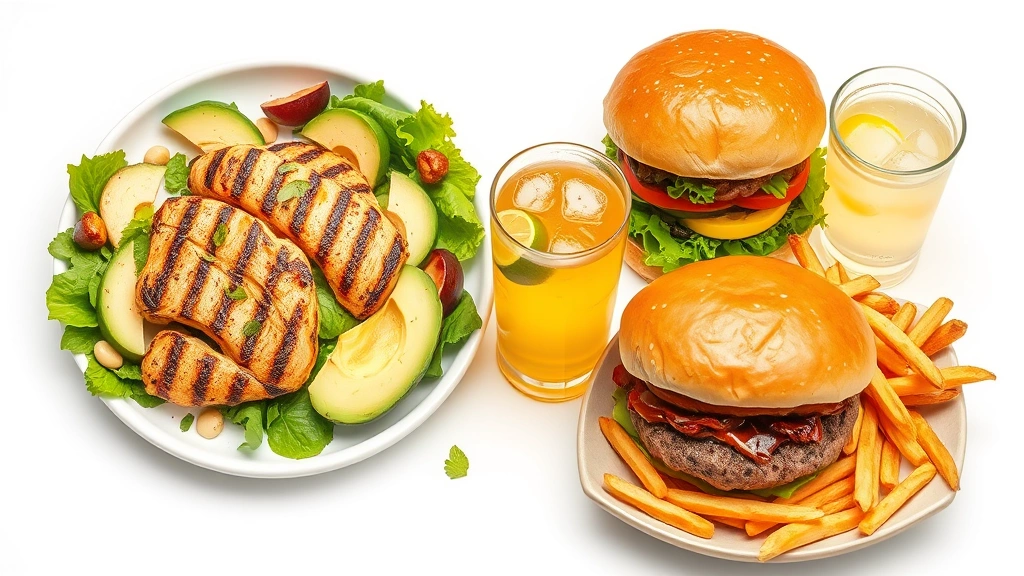 Nutritionist comparing meal options display: grilled chicken salad with avocado, charburger with fries, and beverages arranged for nutritional comparison, clean white background, professional food photography