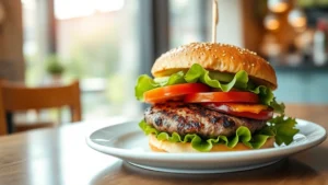Professional food photographer capturing a fresh chargrilled burger with vibrant lettuce, ripe tomato slices, and avocado on a clean white plate, shallow depth of field, natural daylight, modern restaurant setting, no text or logos visible