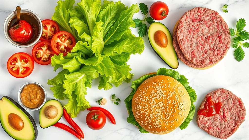 Overhead flat-lay composition of burger ingredients arranged artfully: fresh lettuce leaves, sliced tomatoes, avocado halves, sesame seed bun, beef patties, and condiments on marble countertop, bright natural lighting, food styling, photorealistic detail