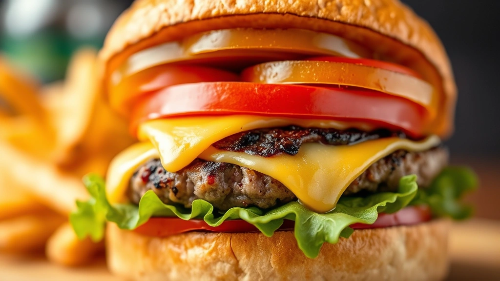 Close-up macro photography of a custom-built burger showing layers of fresh vegetables, melted cheese, chargrilled beef patty, and condiments, warm studio lighting, shallow focus highlighting texture and freshness, professional food photography style