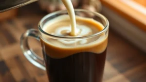 Close-up of creamy half and half being poured into a steaming cup of black coffee, showing the swirling cream texture and rich color gradient, warm kitchen lighting, morning atmosphere