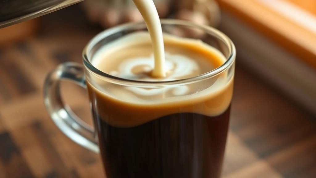 Close-up of creamy half and half being poured into a steaming cup of black coffee, showing the swirling cream texture and rich color gradient, warm kitchen lighting, morning atmosphere