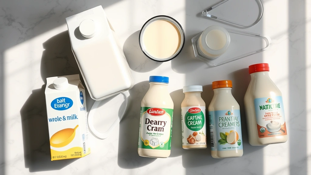 Overhead flat lay of various dairy products arranged on a marble surface: half and half carton, whole milk bottle, heavy cream, and plant-based creamers, natural window light creating soft shadows