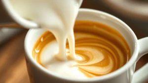 Close-up of cream pouring into coffee cup, showing rich swirling patterns and light refraction through the liquid, professional kitchen lighting, shallow depth of field