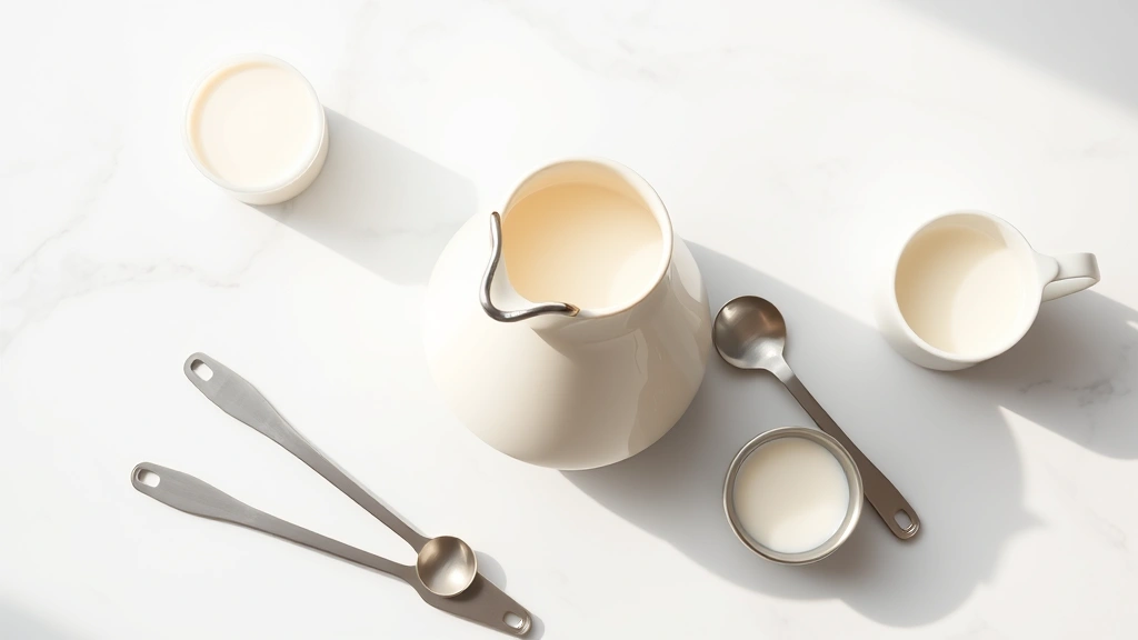 Flat lay composition of dairy products including milk pitcher, cream container, and measuring spoons on white marble surface, natural daylight, minimalist styling