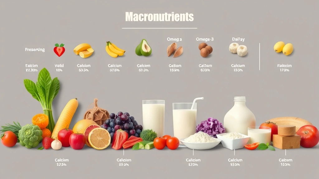Nutritional information visualization showing macronutrient breakdown with dietary elements like calcium-rich foods, omega-3 sources, and dairy products artfully arranged