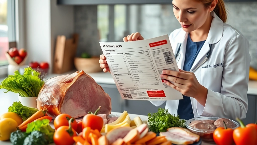 Professional dietitian analyzing ham nutrition label with fresh vegetables and proteins displayed on modern kitchen counter, natural lighting, scientific accuracy