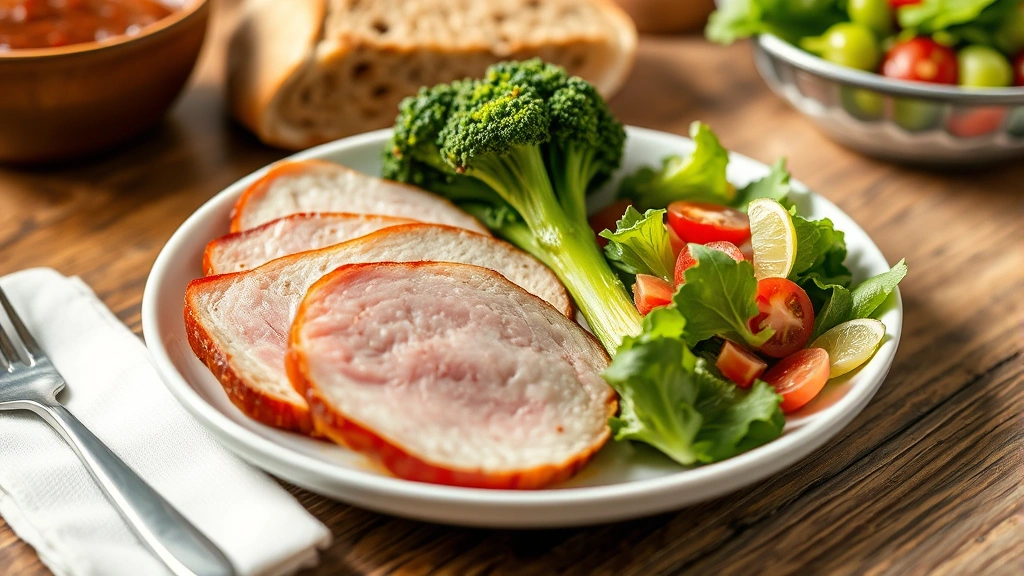 Balanced plate featuring 3-ounce ham portion with steamed broccoli, whole grain bread, and fresh salad demonstrating healthy meal incorporation strategy