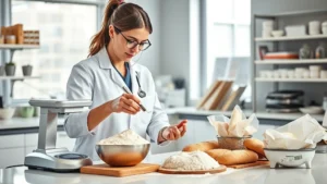 Professional dietitian analyzing bread products at modern nutrition laboratory, measuring flour with precision scale, natural lighting, clean workspace with nutrition reference materials visible, photorealistic