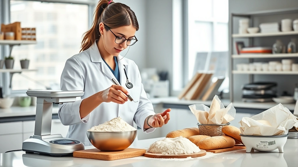 Professional dietitian analyzing bread products at modern nutrition laboratory, measuring flour with precision scale, natural lighting, clean workspace with nutrition reference materials visible, photorealistic
