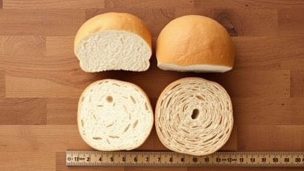 Overhead flat lay comparison of white hamburger bun versus whole wheat bun cross-sections showing grain structure differences, positioned on wooden surface with measurement ruler, natural daylight photography