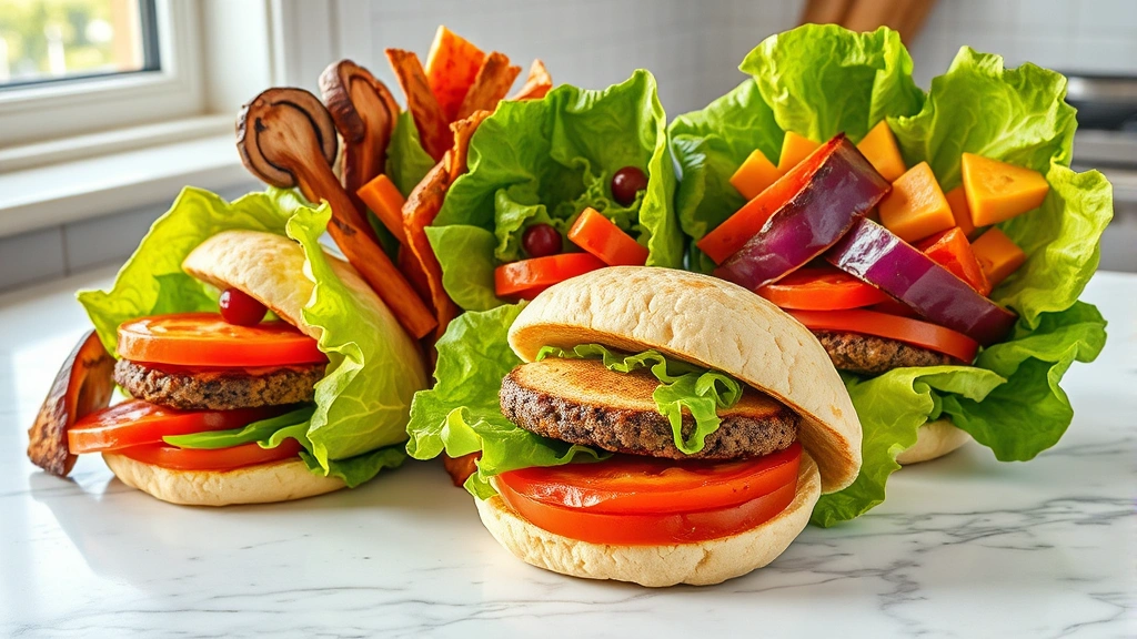 Vibrant colorful alternative burger wraps display including lettuce leaves, portobello mushroom caps, and cauliflower-based buns arranged on marble countertop, professional food styling, natural window lighting, no text visible