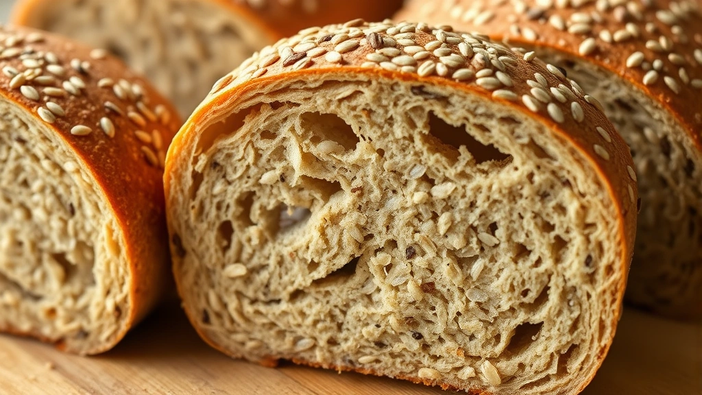 Close-up of sliced whole grain hamburger buns showing texture and interior crumb structure with visible seeds and grains, warm natural lighting