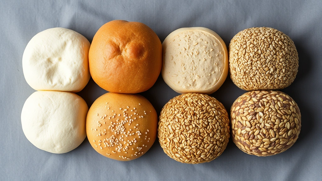 Overhead flat lay composition of different hamburger bun varieties arranged side by side: white, whole wheat, sprouted grain, and multigrain buns displaying color and texture differences