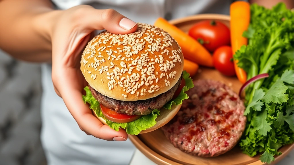 Nutritionist hands holding a whole grain hamburger bun next to fresh vegetables and lean beef patty, demonstrating balanced meal composition with natural ingredients