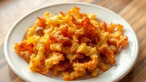 Golden-brown crispy hash browns on a white ceramic plate with steam rising, photographed from above with warm breakfast lighting, showing texture detail