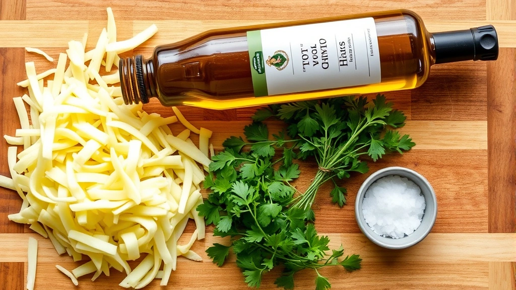 Overhead shot of ingredients for hash browns: shredded potatoes, olive oil bottle, fresh herbs, and salt container arranged on a wooden cutting board