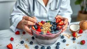 Professional nutritionist analyzing colorful acai bowl on modern table with fresh berries, granola, and coconut scattered around, natural morning light, healthy lifestyle aesthetic