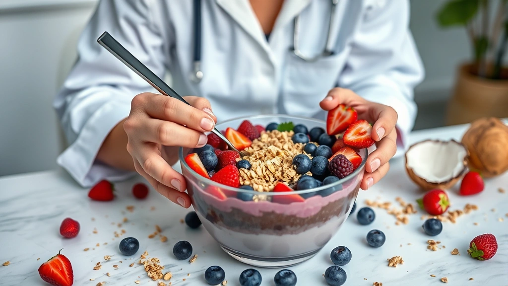 Professional nutritionist analyzing colorful acai bowl on modern table with fresh berries, granola, and coconut scattered around, natural morning light, healthy lifestyle aesthetic