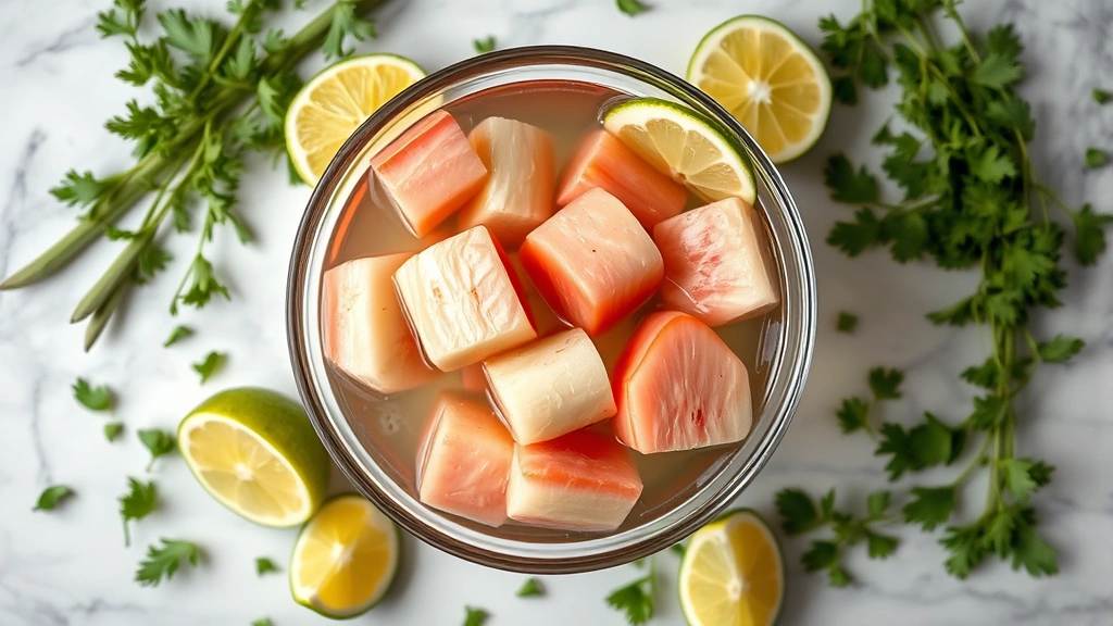 Fresh canned heart of palm in glass bowl with water and lime wedges, overhead flat lay on marble surface with herbs scattered around, professional food photography lighting, shallow depth of field