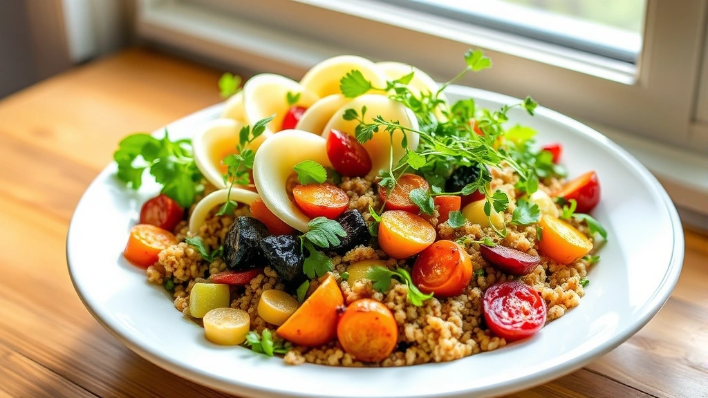 Colorful vegetable medley bowl featuring white heart of palm strips, vibrant roasted vegetables, quinoa, and microgreens, natural window lighting, appetizing food styling, clean white plate
