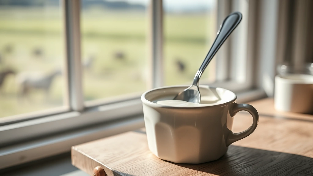 Professional food photographer capturing a ceramic ramekin of thick heavy cream with a silver spoon, soft morning window light creating gentle shadows, minimalist composition with blurred dairy farm landscape background
