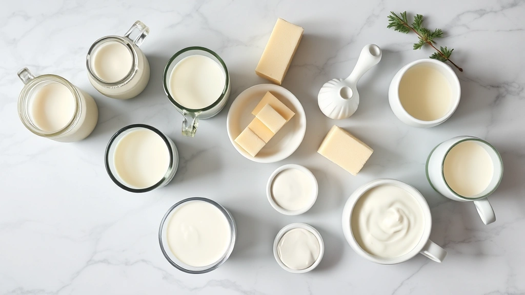 Overhead flat lay of dairy products on marble countertop including glass of milk, butter, yogurt, and cream in elegant ceramic vessels, natural diffused lighting emphasizing texture and freshness
