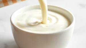 Professional close-up of fresh heavy cream being poured into a white ceramic bowl, showing rich texture and glossy surface, natural kitchen lighting, dairy product photography