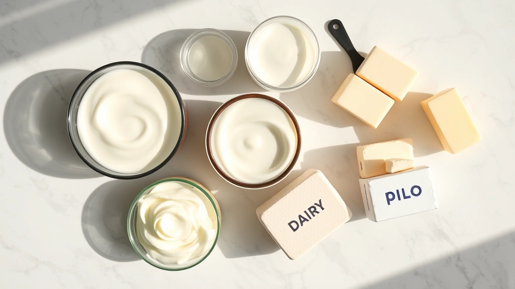 Overhead view of various dairy and non-dairy cream alternatives arranged on marble countertop including containers of coconut cream, oat cream, and butter, bright natural lighting
