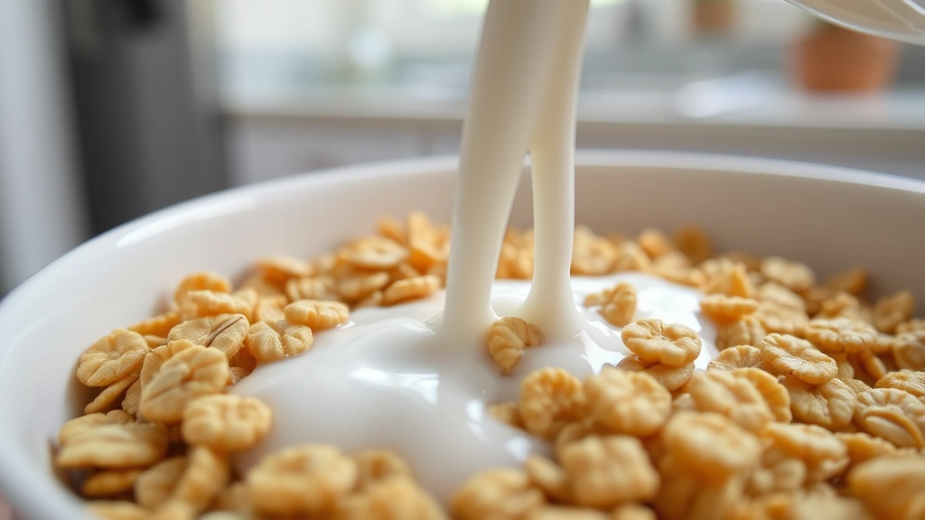 Close-up of golden cereal clusters and oat pieces in a white bowl with milk being poured, showing texture and crispy details against a bright kitchen background