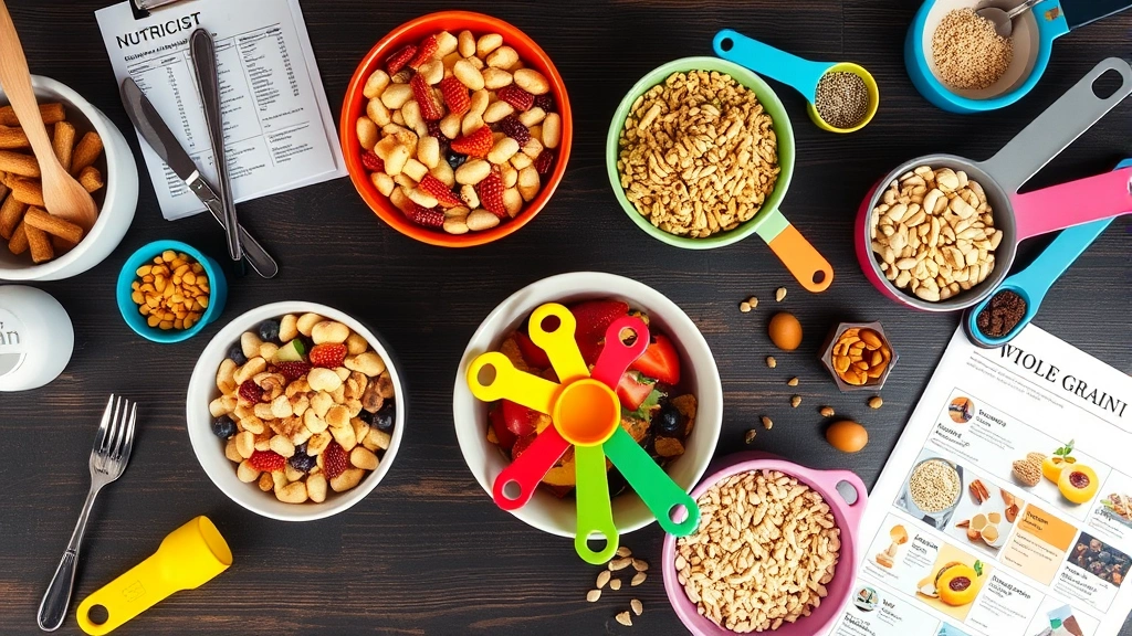 Overhead shot of a nutritionist's desk with colorful breakfast bowls, measuring cups, nutrition charts, and whole grain alternatives arranged professionally