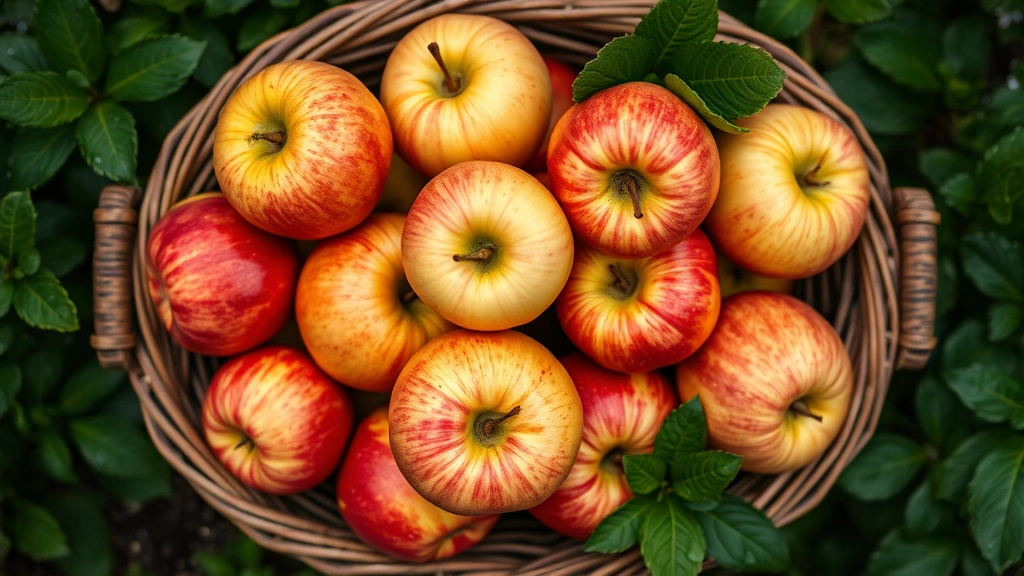 Top-down view of colorful mixed apples in wooden basket with honeycrisp variety prominent, surrounded by fresh green leaves and morning dew, natural outdoor garden setting