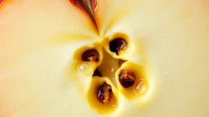 Close-up of fresh honeycrisp apple cross-section showing white flesh and red skin, water droplets visible, natural daylight, photorealistic, no text or labels, vibrant colors emphasizing crispness