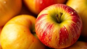 Close-up of fresh, crisp Honeycrisp apples with water droplets, vibrant red and yellow coloring, natural lighting highlighting the distinctive honeycomb pattern on the skin surface, professional food photography style