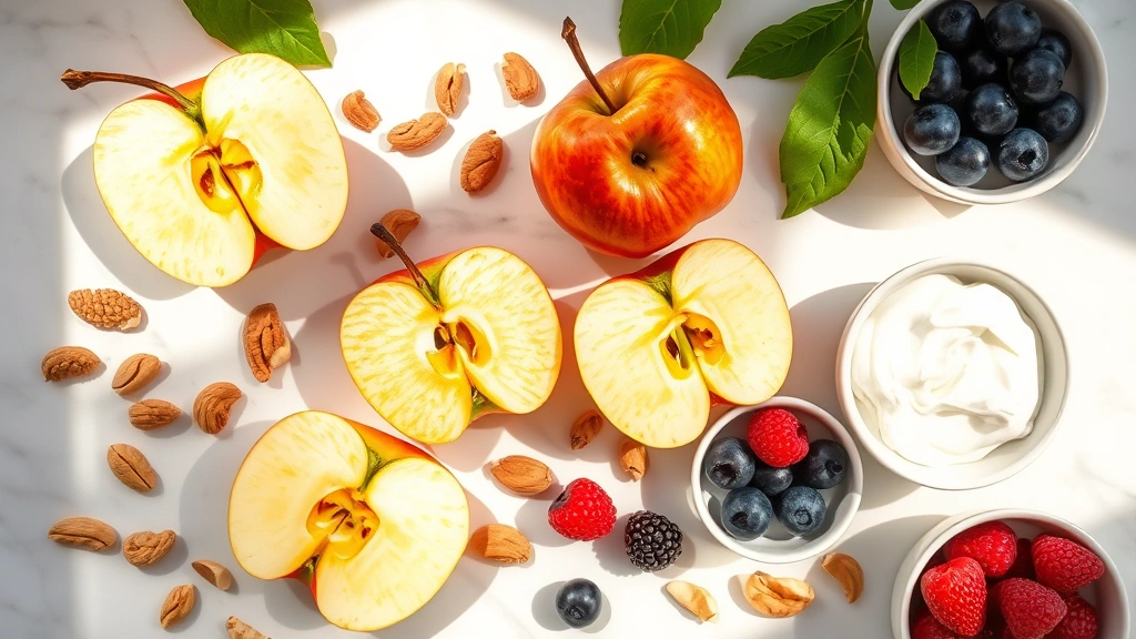 Overhead flat lay composition of halved and whole Honeycrisp apples with surrounding fresh ingredients including nuts, yogurt, and berries on marble countertop, natural window light creating soft shadows, health-focused food styling