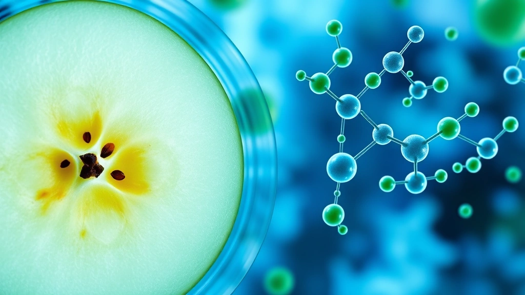 Scientific laboratory setting showing microscopic view of apple cells and polyphenolic compounds, abstract visualization of antioxidant molecules, blue and green color palette representing cellular health and nutrition research