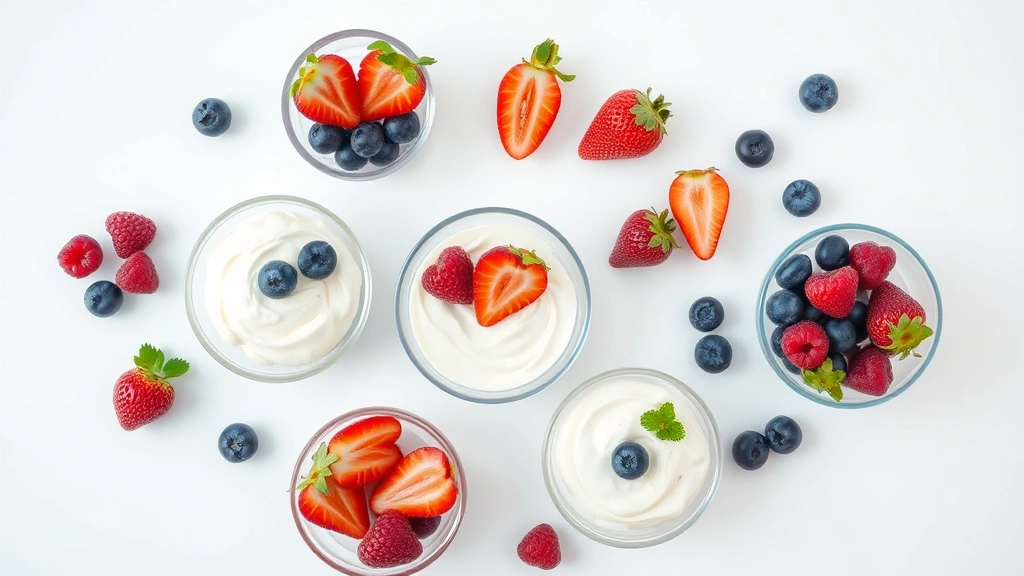 Flat lay of frozen dessert alternatives including berries, yogurt, and fresh fruit arranged on a white surface with soft natural lighting, clean and minimal composition