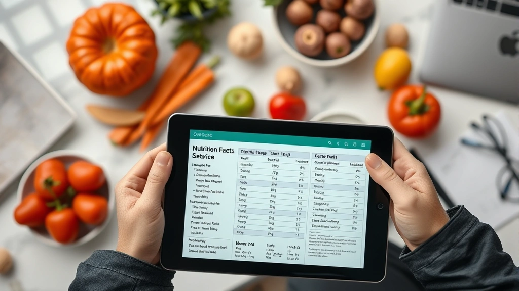 Overhead view of a nutrition facts chart or dietary information being reviewed with a tablet device, professional workspace setting with healthy food items visible in background