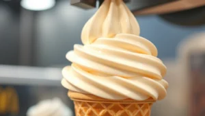 Close-up of vanilla soft-serve ice cream cone being dispensed from McDonald's machine, showing creamy texture and swirl pattern, professional food photography lighting, no text or branding visible