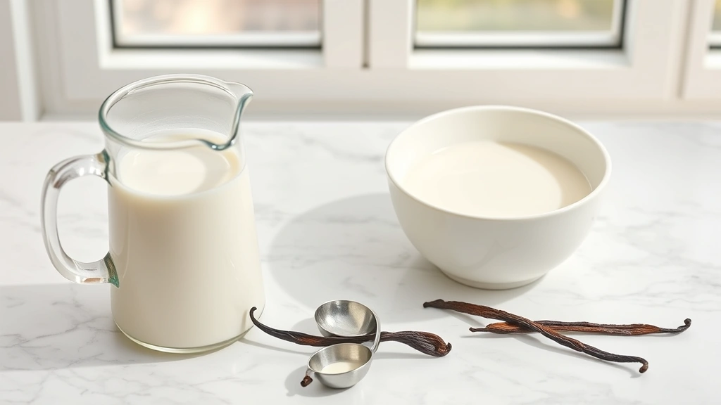 Flat lay of fresh dairy products including milk pitcher, cream bowl, and natural vanilla bean on marble surface with measuring spoons, bright natural window lighting, clean modern aesthetic