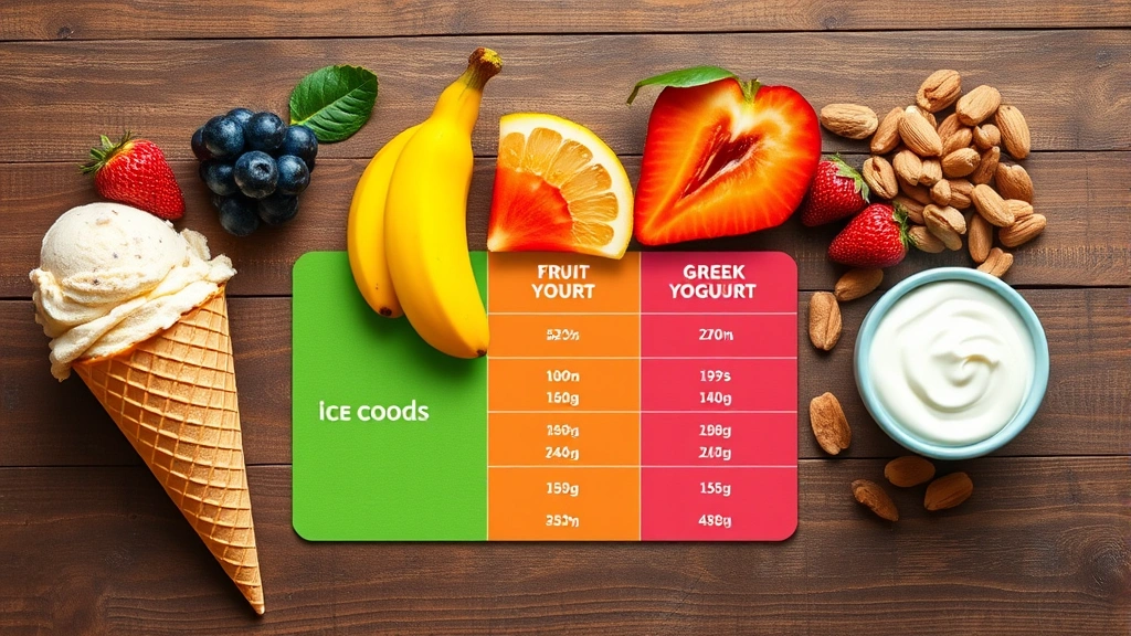 Colorful nutritional comparison chart showing ice cream cone alongside fresh fruits, Greek yogurt, and nuts on wooden table, vibrant natural ingredients, professional food styling without labels