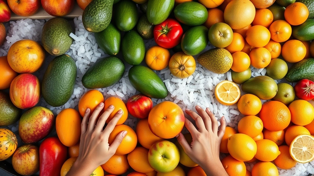 Overhead shot of colorful fresh tropical fruits and vegetables at Miami farmers market, bright natural light, crushed ice on display, vibrant mangoes avocados citrus, hands selecting produce