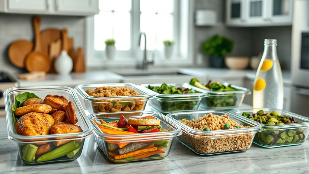 Modern kitchen counter with meal prep containers filled with grilled chicken, roasted vegetables, quinoa, and fresh salads, glass bottles of water with lemon, natural window light