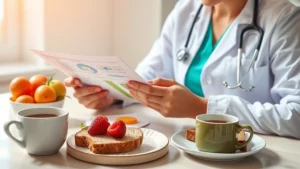 Professional dietitian reviewing nutrition information at breakfast table with fresh fruit, eggs, whole grain toast, and coffee in bright morning light, analytical and health-focused composition
