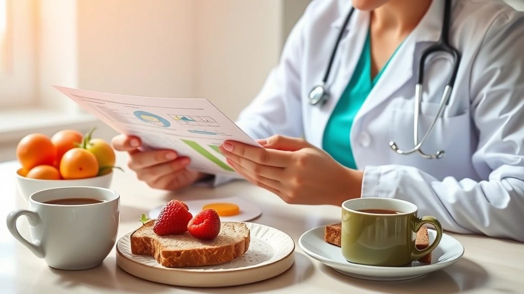 Professional dietitian reviewing nutrition information at breakfast table with fresh fruit, eggs, whole grain toast, and coffee in bright morning light, analytical and health-focused composition