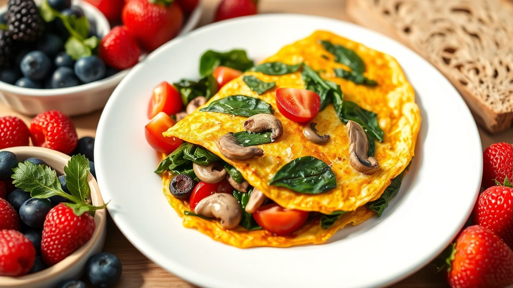 Close-up of colorful vegetable omelet with spinach, mushrooms, and tomatoes on white plate beside fresh berries and whole wheat toast in natural daylight photography