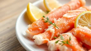 Close-up of imitation crab meat sticks showing red coloring and flaked texture, arranged on white ceramic plate with fresh lemon wedges and herbs, professional food photography, bright natural lighting, shallow depth of field