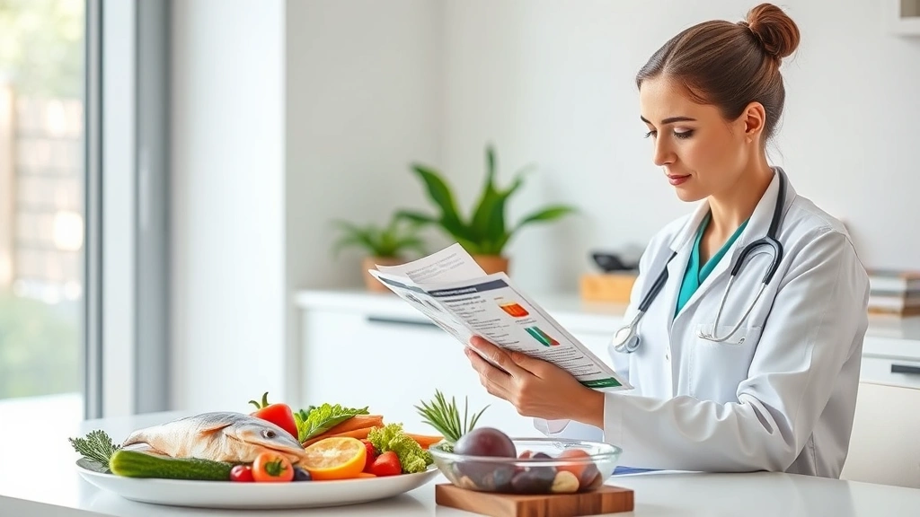 Nutritionist reviewing food labels and nutrition information at modern desk with fresh seafood and vegetables displayed, professional healthcare setting, natural window lighting, focused analytical expression