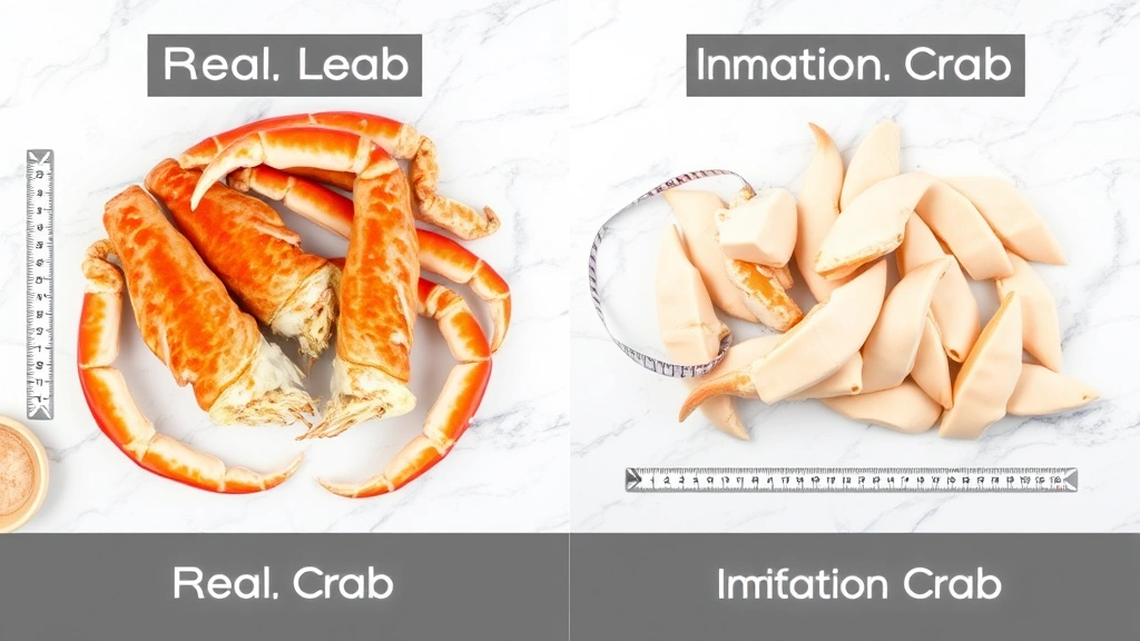 Split-screen comparison showing real crab legs on one side and imitation crab products on the other side, arranged on marble countertop with measuring tape, nutritional comparison visual, clean minimalist composition