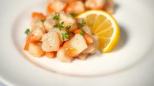 Close-up of imitation crab meat on white plate with fresh lemon wedge and microgreens, professional food photography lighting, shallow depth of field, clean minimalist presentation